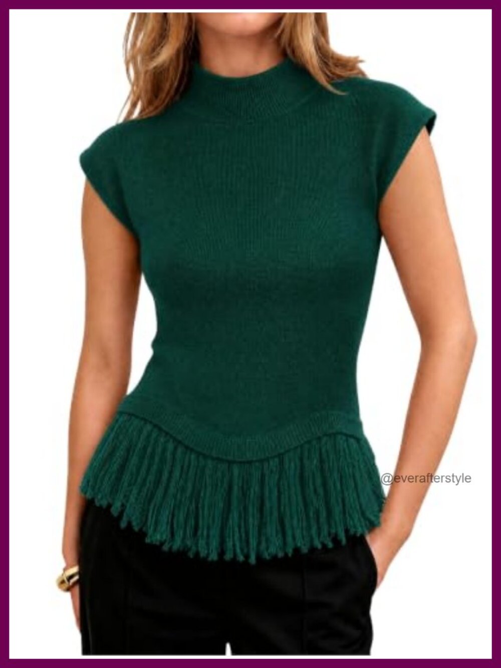 Women's Cap Sleeve Sweater Vest Fringe Mock Neck Knit Tank Top